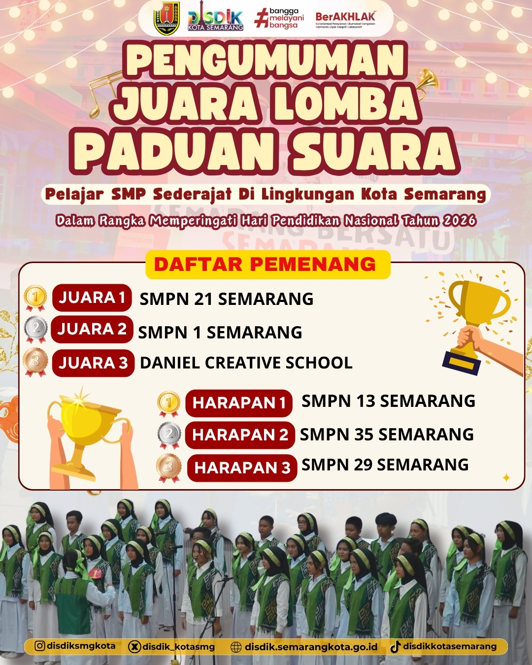 Pengumuman Juara Lomba Paduan Suara jenjang SMP sederajat